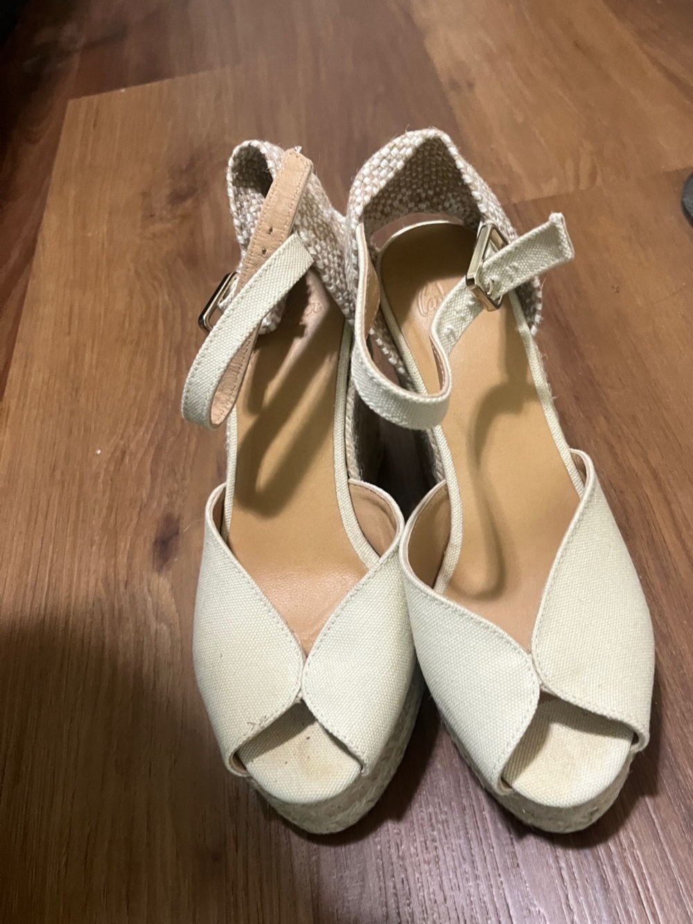 Castaner Cream Canvas Espadrille Wedge Sandals with Ankle Strap